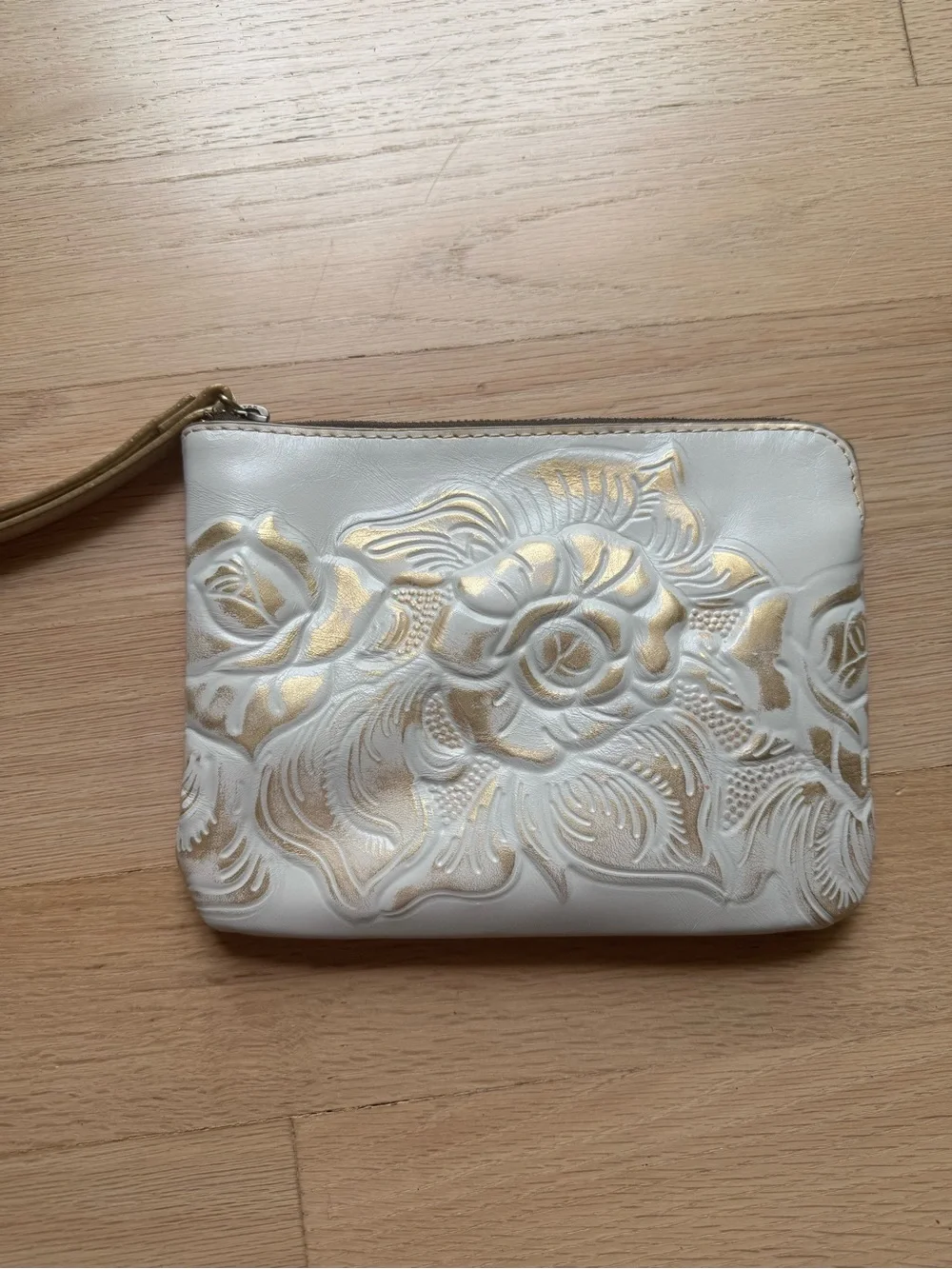 Patricia Nash White Floral Embossed leather Wristlet Clutch with Gold Accents